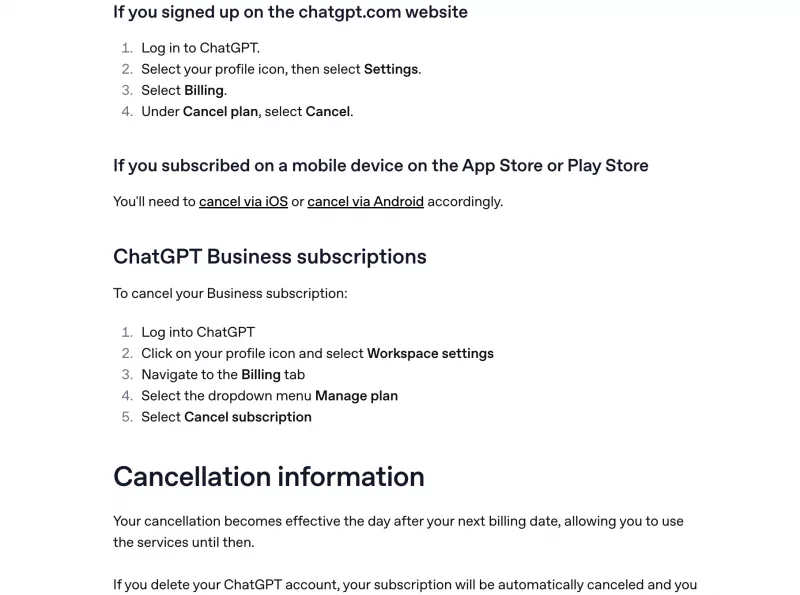 OpenAI 도움말 ChatGPT 구독 해지 Settings Billing Cancel 순서