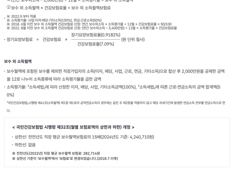 국민건강보험 직장가입자 보험료 산정기준과 요율 안내 화면