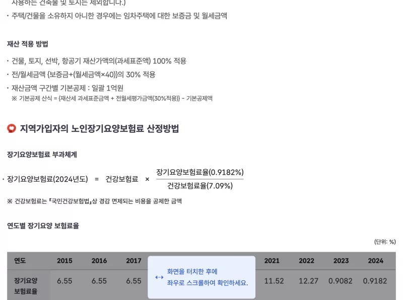 국민건강보험 지역가입자 보험료 점수 산정 안내 화면